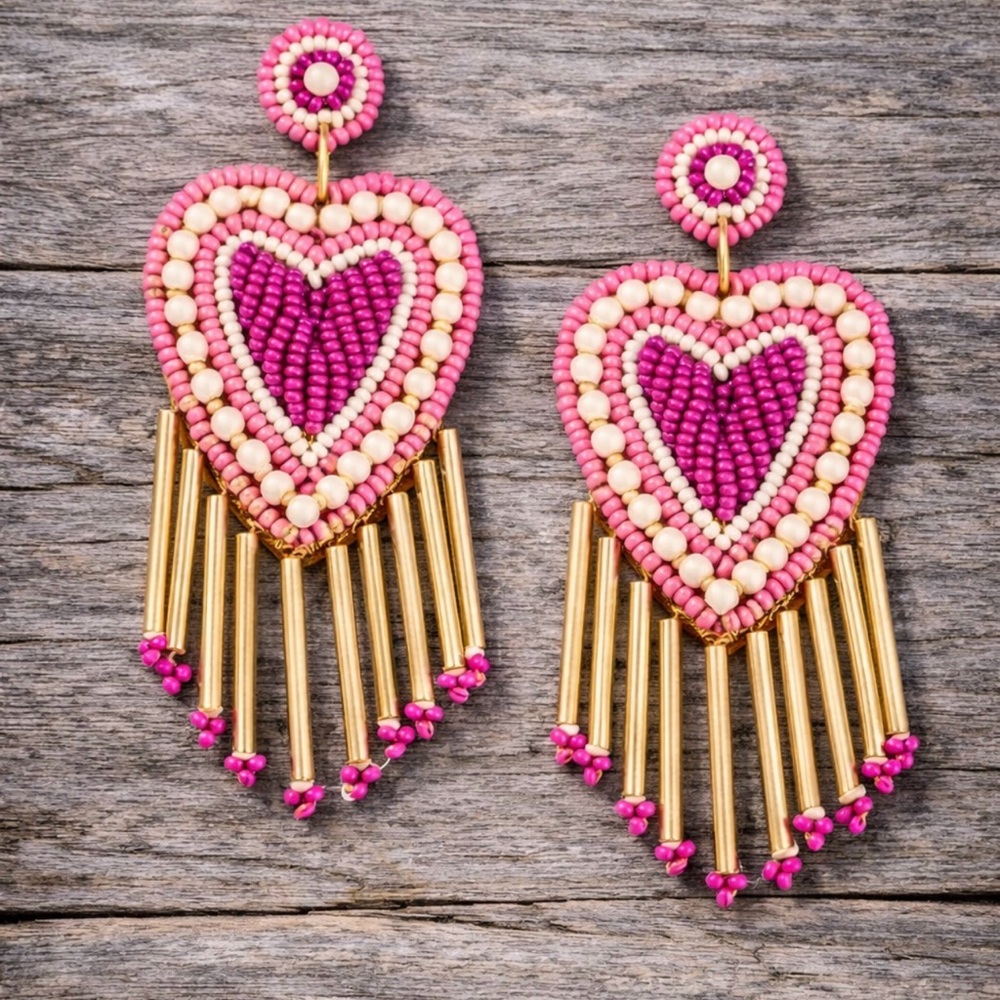 Pink Beaded Heart Earrings